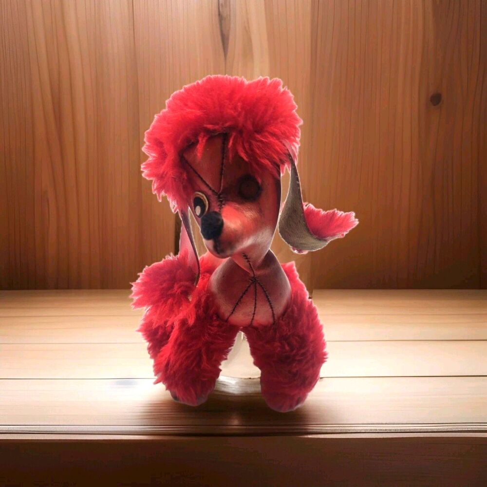 Herman Pecker Plush Poodle Red Leather Vinyl Stuffed w/fur 7 1/2”Dog - Japan Tag